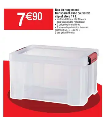 Bac de rangement transparent avec couvercle clip et store 17 L