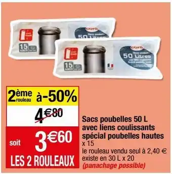 Sacs poubelles 50l avec liens coulissants spécial poubelles hautes