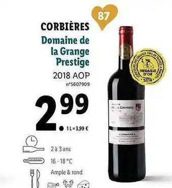 Lidl Corbières Domaine De La Grange Prestige 2018 Aop offre