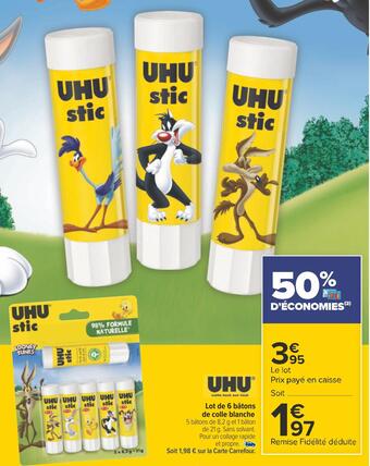 Carrefour Uhu lot de 6 bâtons de colle blanche offre