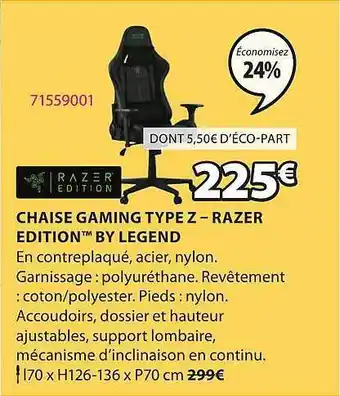 JYSK Chaise gaming type z razer edition by legend offre