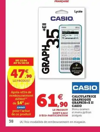 Super U Calculatrice graphique graph35+e ii casio offre