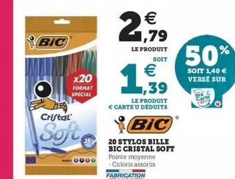 Super U 20 stylos bille bic cristal soft offre