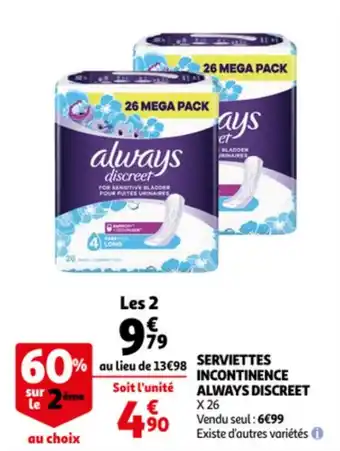 Auchan ALWAYS DISCREET serviettes incontinence offre