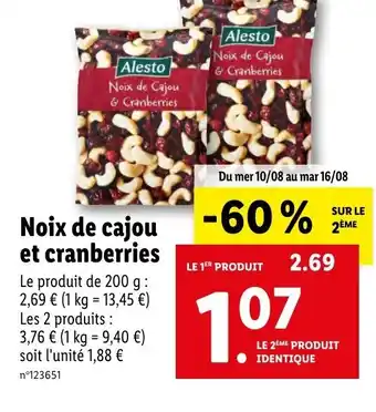 Lidl Noix de cajou et cranberries offre