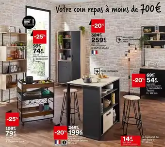 BUT Séparation compo, buffet studio, desserts jack, mange debout cooper, tabouret de bar essia i2, lampadaire tedzio offre
