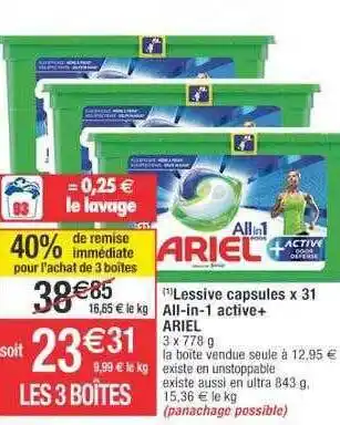 Cora x Carrefour Lessive capsules x31 all-in-1 active+ ariel offre