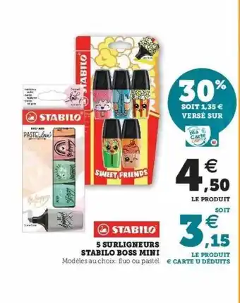 Hyper U 5 surligneurs stabilo boss mini offre