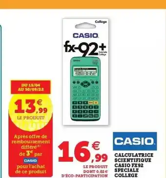 Hyper U Calculatrice scientifique casio fx92 spéciale collège offre