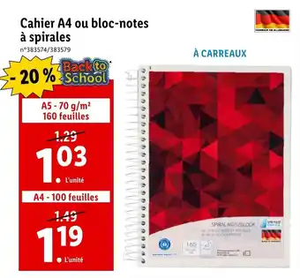 Lidl Cahier A4 ou bloc-notes à spirales offre