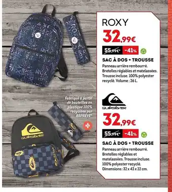 Sport 2000 Sac à dos + trousse roxy, sac à dos + trousse quiksilver offre