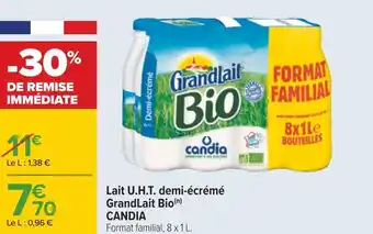 Carrefour Candia lait u.h.t. demi-écrémé grandlait bio offre