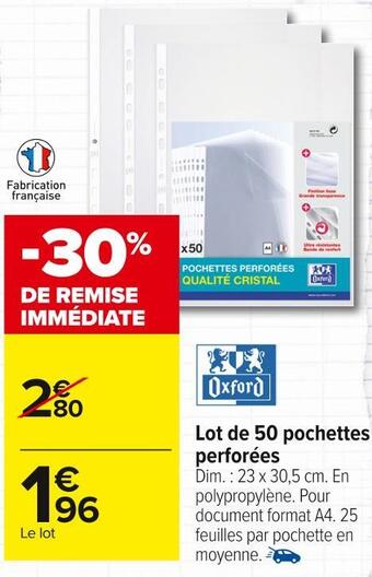 Carrefour Market Oxford lot de 50 pochettes perforées offre