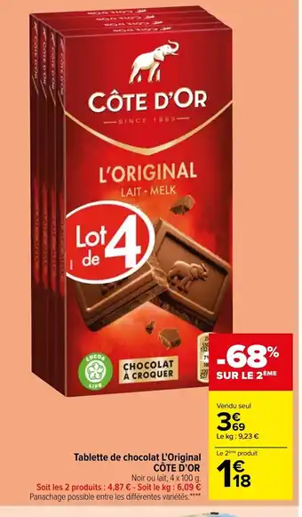 Carrefour Market Cote d'Or Tablette de Chocolat l'Original offre