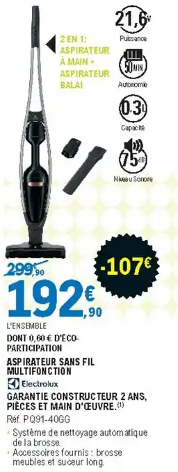 E.Leclerc Aspirateur Sans Fil Multifonction Réf. PQ91-40GG offre