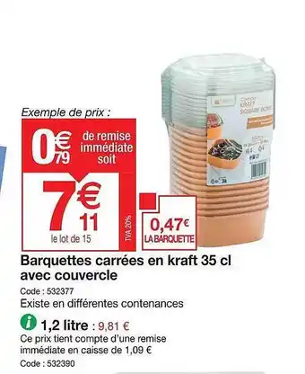 Promocash Barquettes carrées en kraft 35 cl avec couvercle offre
