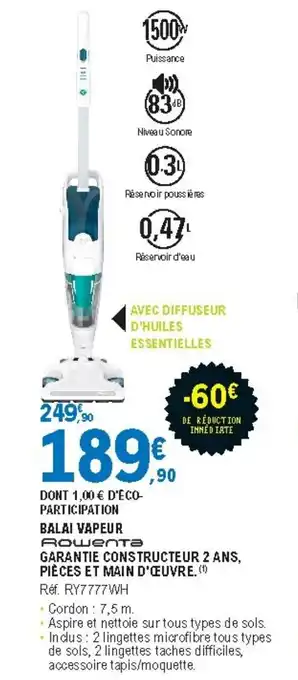 E.Leclerc Balai vapeur Réf RY7777WH offre