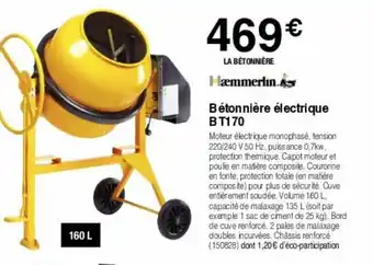 Chretien Matériaux Bétonnière électrique BT170 offre