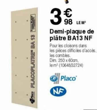 Chretien Matériaux Demi-plaque de plâtre BA13 NF offre