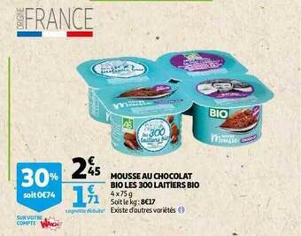 Auchan Mousse au chocolat bio les 300 laitiers bio offre