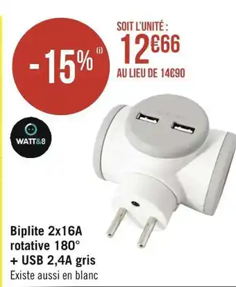 Géant Casino Watt&8 biplite 2x16a rotative 180° + usb 2,4a gris offre