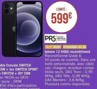 Géant Casino Apple iphone 12 64 go reconditionné offre