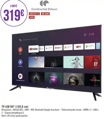 Géant Casino Continental edison tv led 50’’ (125,5 cm) offre
