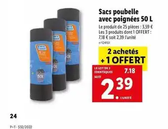 Lidl Sacs poubelle avec poignées 50 l offre