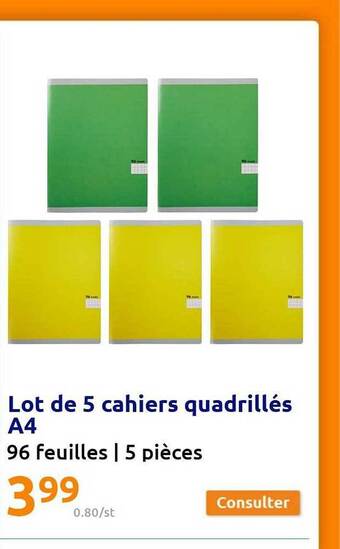 Action Lot de 5 cahiers quadrillés a4 offre