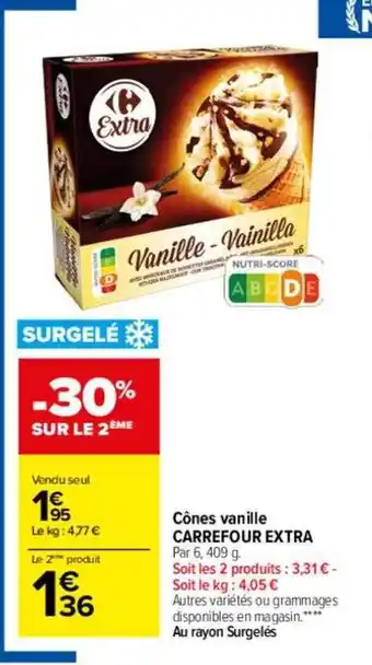 Carrefour Cônes vanille carrefour extra -30% sur le 2ème offre
