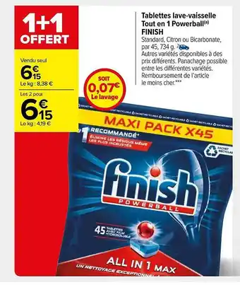 Carrefour Market Tablettes lave-vaisselle tout en 1 powerball finish 1+1 offert offre