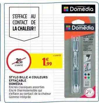 Intermarché Stylo bille 4 couleurs effaçable domedia offre