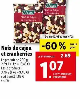 Lidl Noix de cajou et cranberries alesto offre