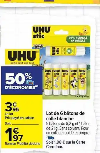 Carrefour Market 6 bâtons de colle blanche offre