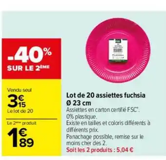 Carrefour Lot de 20 assiettes fuchisia ø 23 cm offre