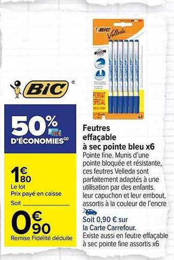 Carrefour Market Feutres effaçable à sec pointe bleu x6 offre