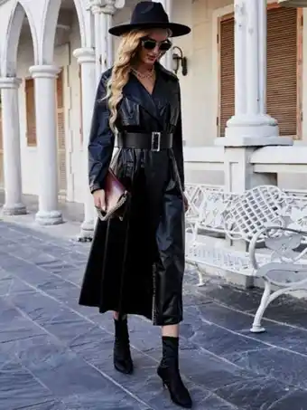 Manteau col à revers ceinturé en cuir pu
