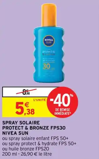 Intermarché NIVEA SUN spray solaire protect & bronze FPS30 offre
