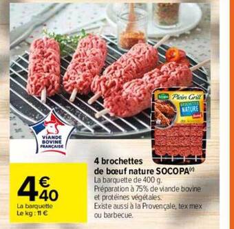 Carrefour 4 brochettes de boeuf nature socopa offre