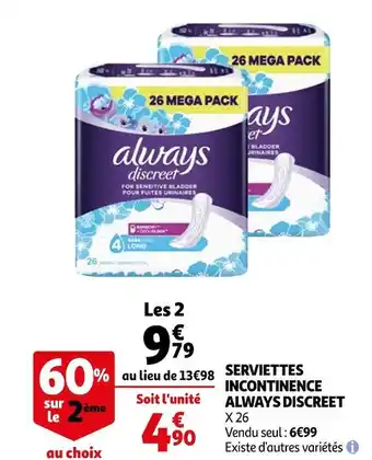 Auchan Always discreet serviettes incontinence offre