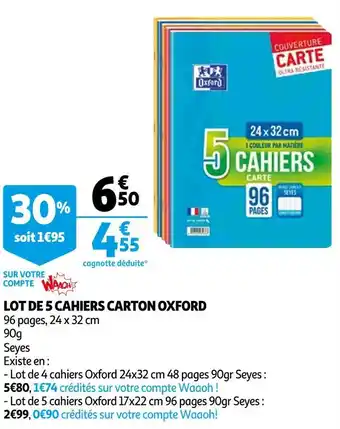 Auchan Oxford lot de 5 cahiers carton offre