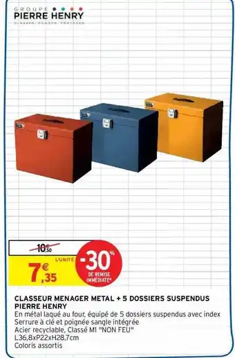 Intermarché Hyper Classeur menager metal + 5 dossiers suspendus pierre henry offre