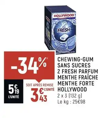 HOLLYWOOD chewing-gum sans sucres 2 fresh parfum menthe fraîche menthe forte