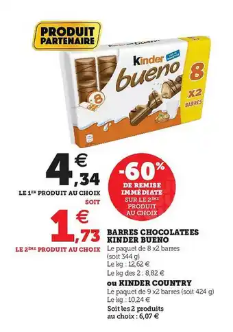 Hyper U Barres Chocolatées Kinder Bueno Ou Kinder Country offre