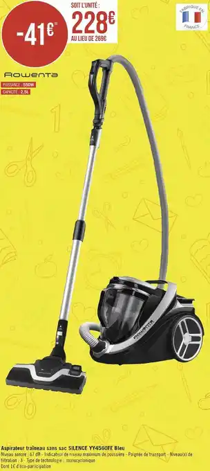 Géant Casino Rowenta aspirateur traîneau sans sac silence yy4560fe bleu offre