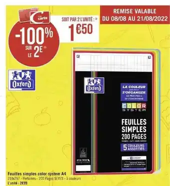 Géant Casino Feuilles simples color system a4 oxford offre