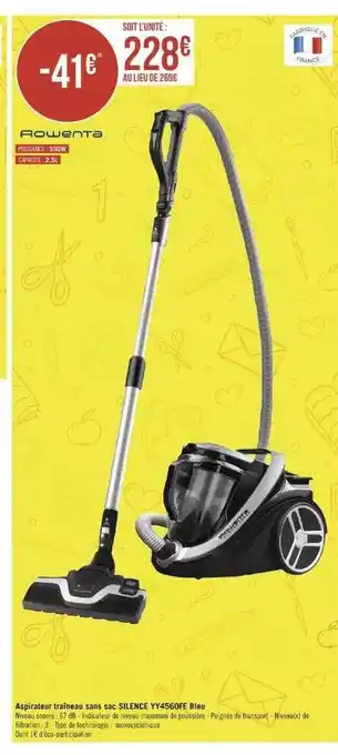 Géant Casino Aspirateur traîneau sans sac silence yy4560fe blue rowenta offre
