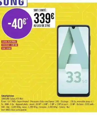 Géant Casino Smartphone samsung galaxy a33 noir offre