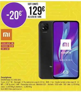 Géant Casino Smartphone xiaomi redmi 9c 32go gris offre