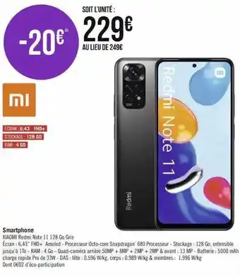 Smartphone xiaomi redmi note 11 128 go gris